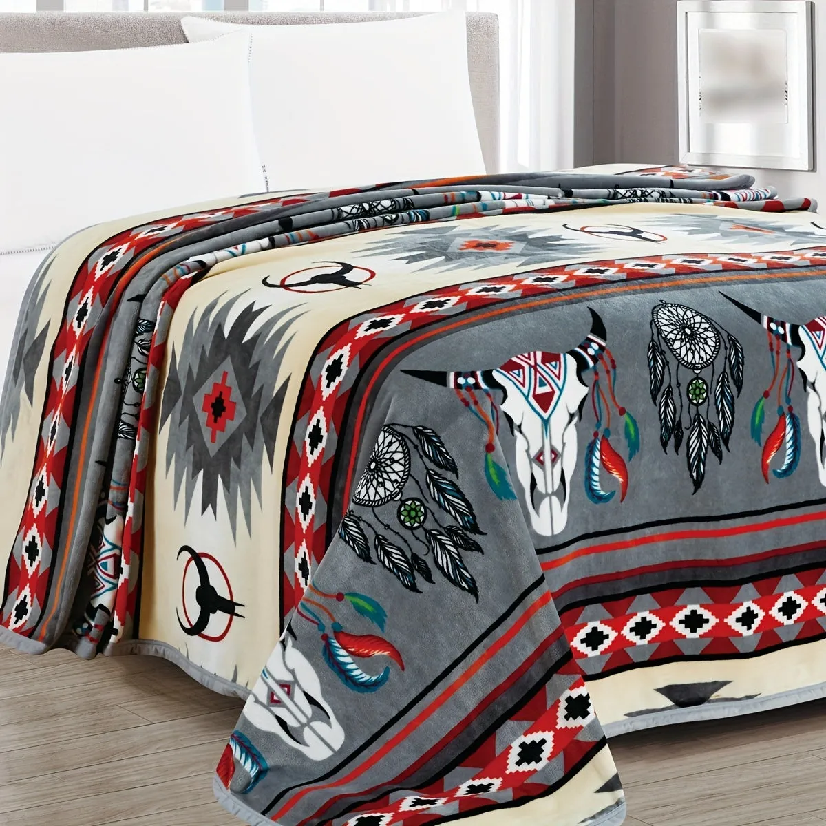 1pc Southwestern Style Throw Blanket, 400GSM Soft Flannel Blanket For Sofa Office Bed Camping Travelling, 90.55*82.68inch