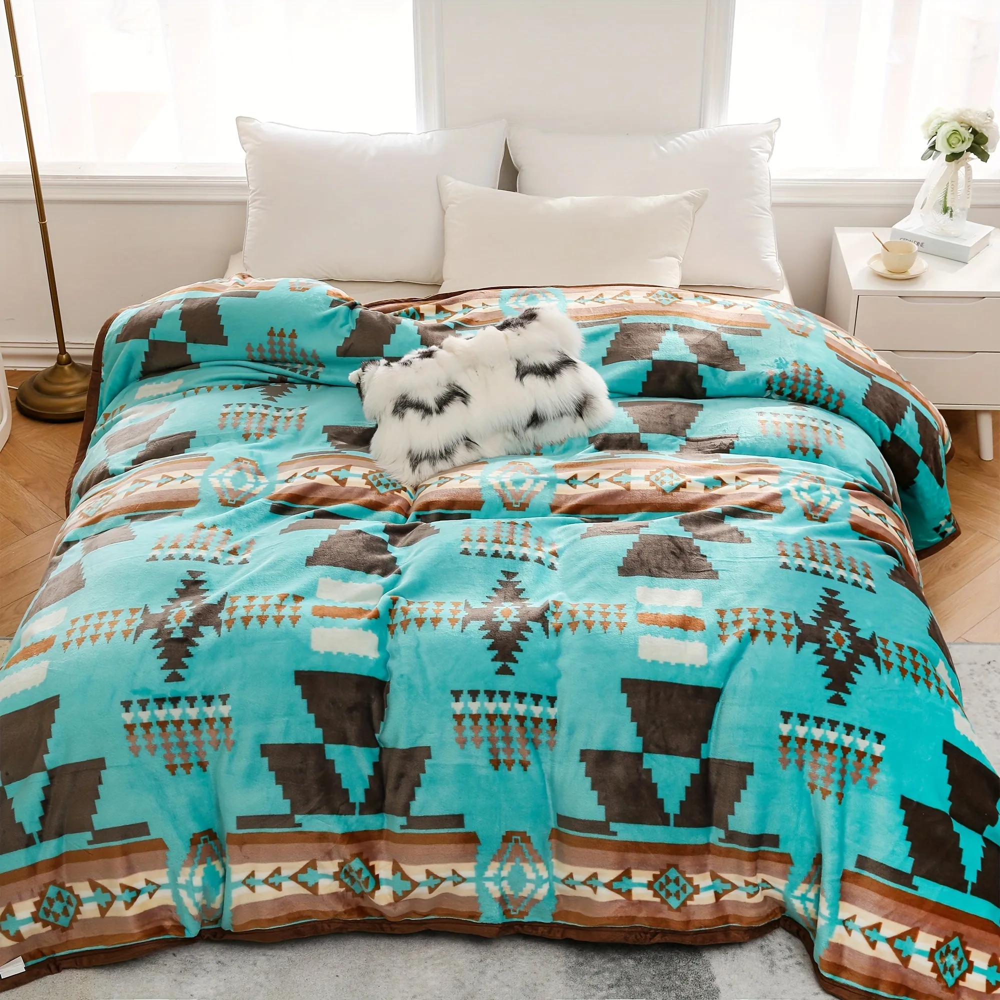 1pc Southwestern Style Throw Blanket, 400GSM Soft Flannel Blanket For Sofa Office Bed Camping Travelling, 90.55*82.68inch