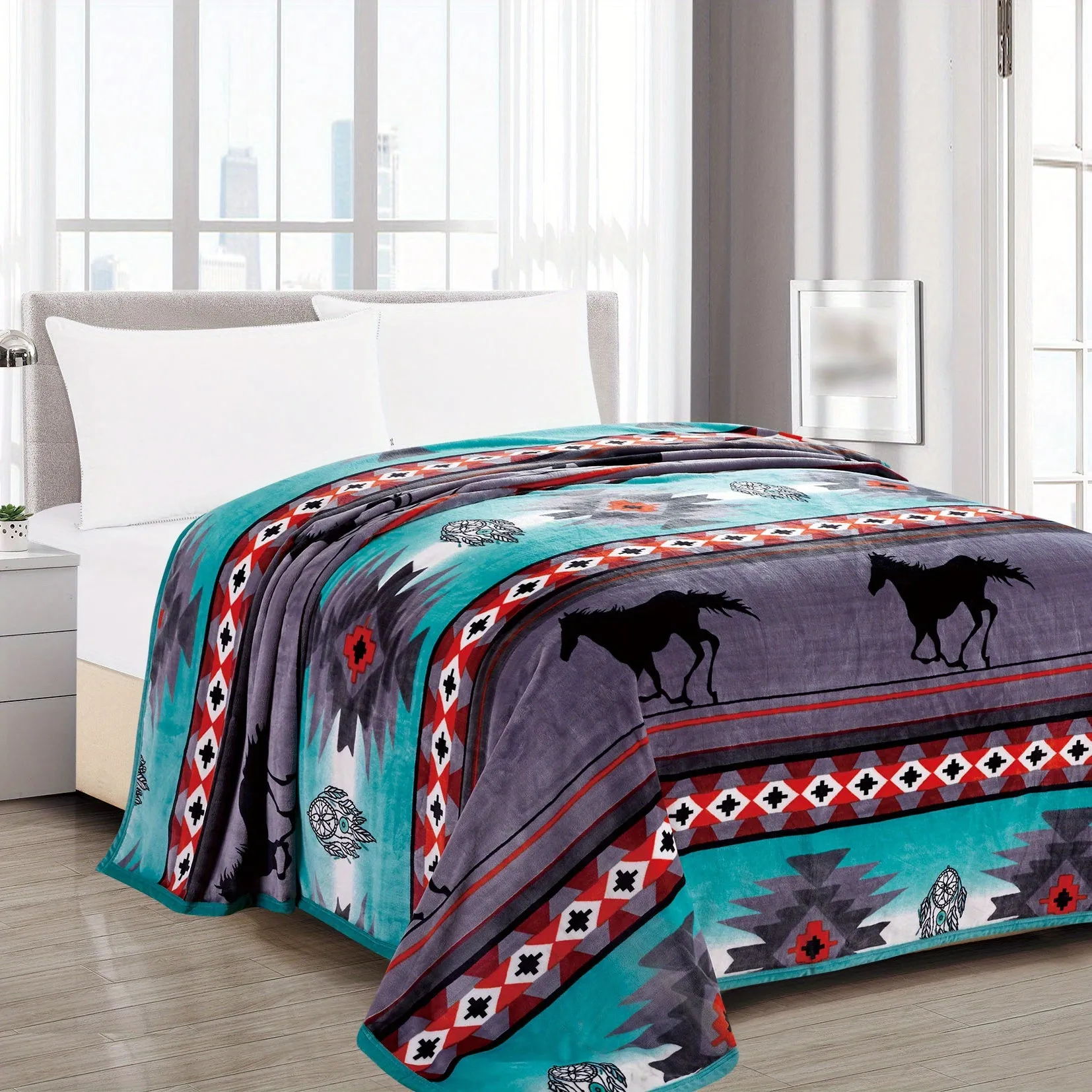 1pc Southwestern Style Throw Blanket, 400GSM Soft Flannel Blanket For Sofa Office Bed Camping Travelling, 90.55*82.68inch