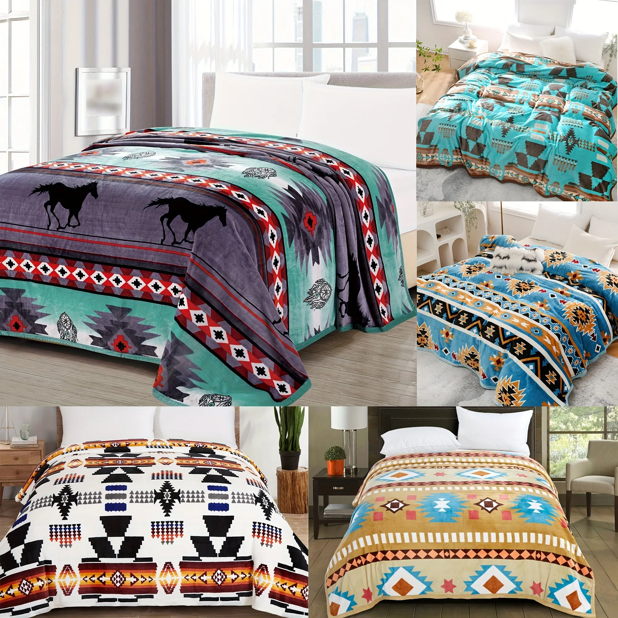 1pc Southwestern Style Throw Blanket, 400GSM Soft Flannel Blanket For Sofa Office Bed Camping Travelling, 90.55*82.68inch