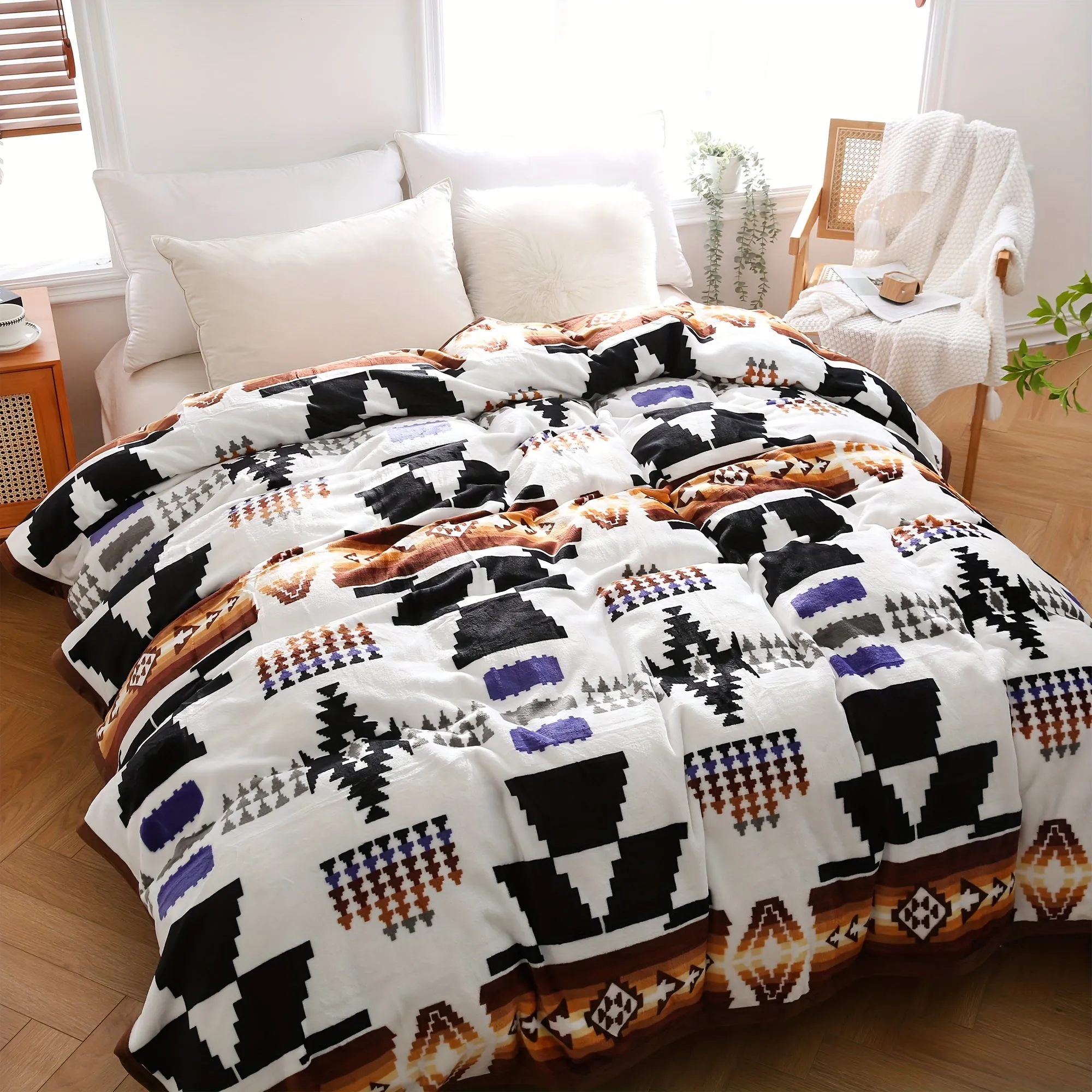 1pc Southwestern Style Throw Blanket, 400GSM Soft Flannel Blanket For Sofa Office Bed Camping Travelling, 90.55*82.68inch