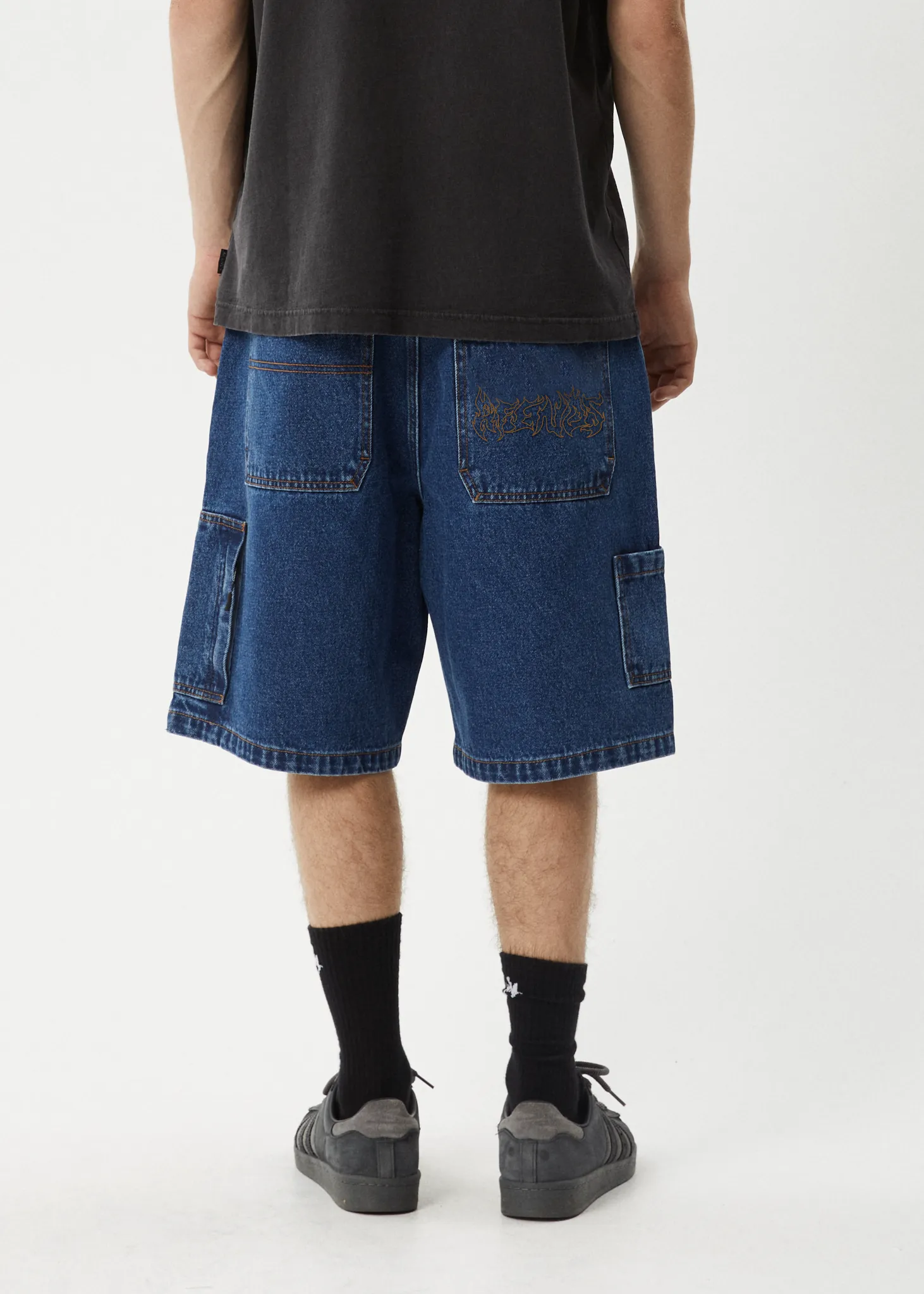 AFENDS Mens Scorched Harper - Denim Baggy Carpenter Short - Authentic Blue