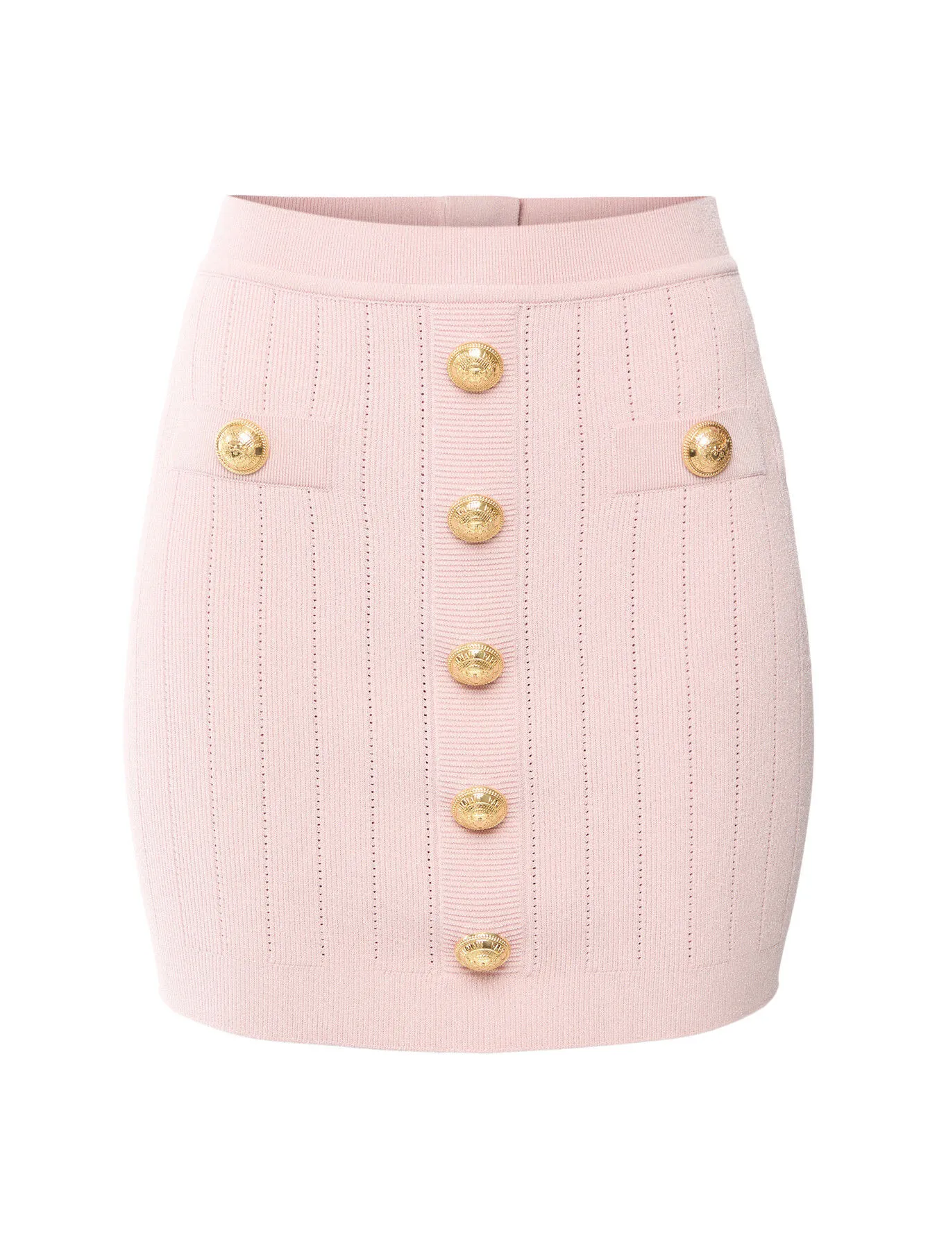 Balmain Women's High Waisted Buttoned Knit Mini Skirt - Size 12 Pink