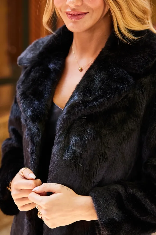 Black Premium Faux Fur Coat with Pockets