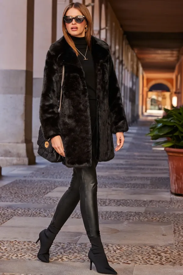 Black Premium Faux Fur Coat with Pockets