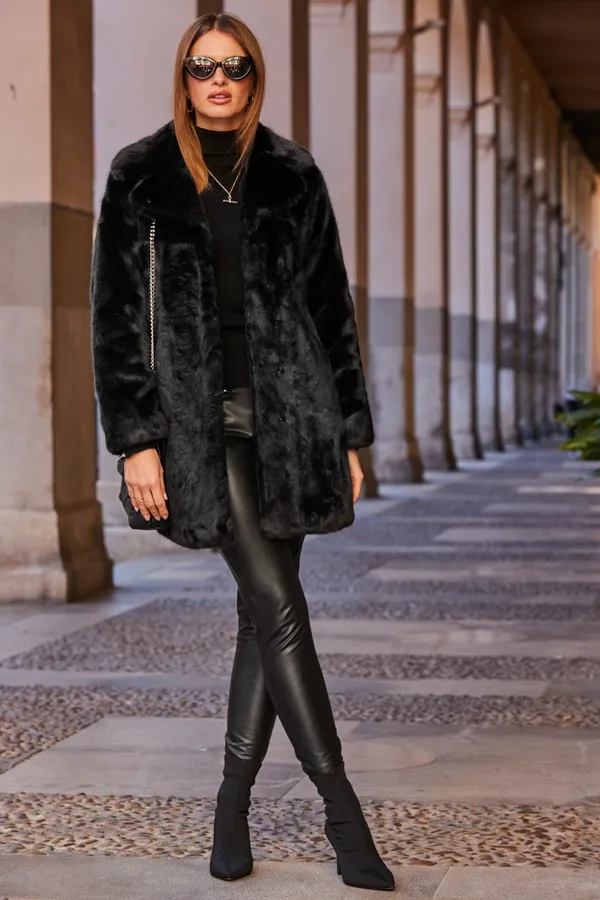 Black Premium Faux Fur Coat with Pockets