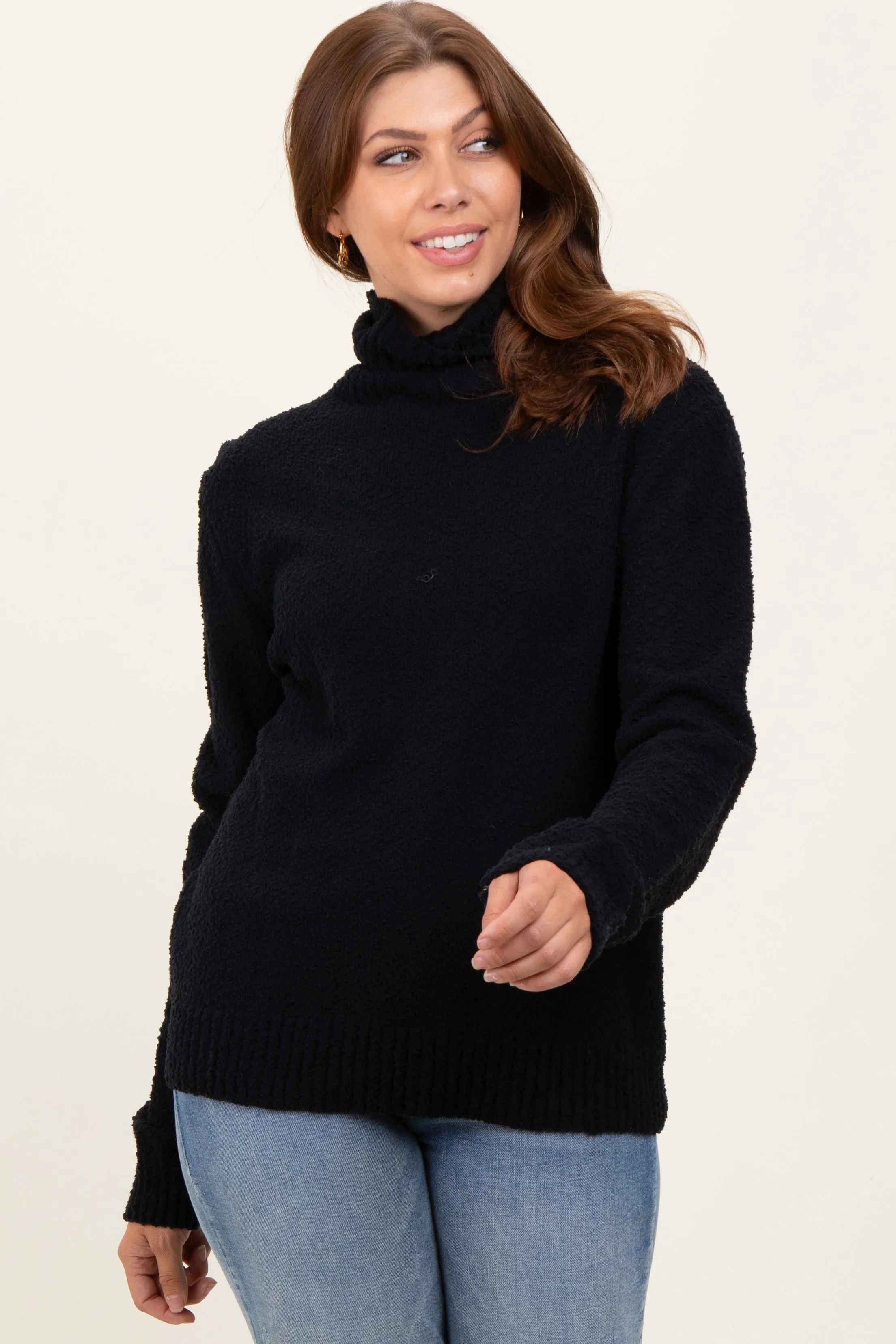 Black Turtleneck Chenille Knit Sweater