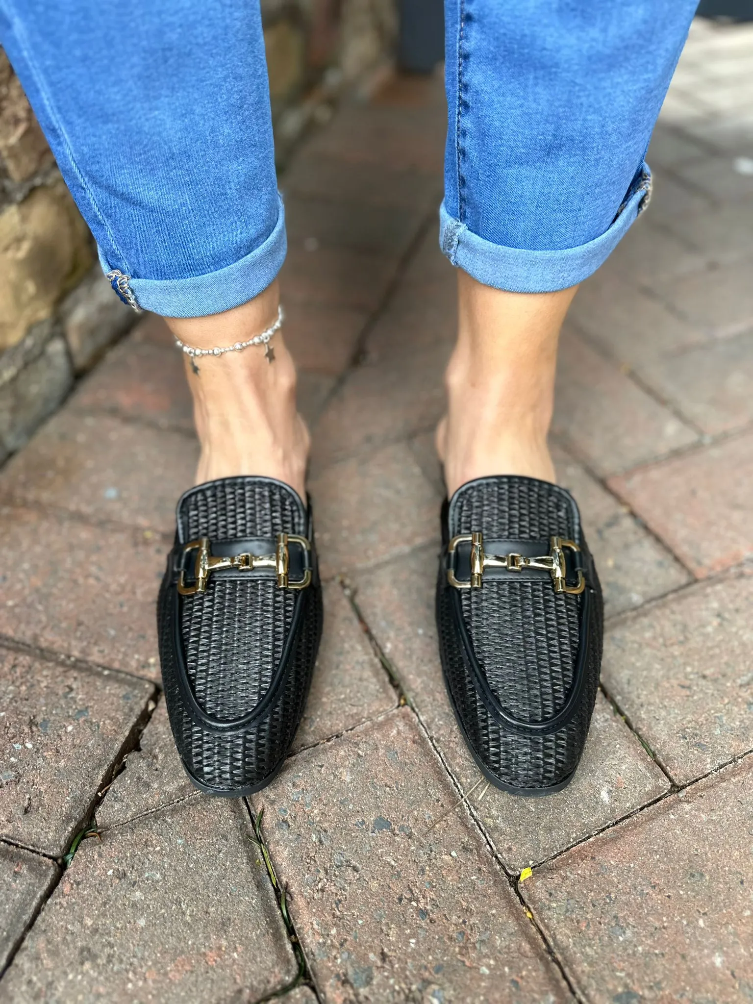 Black Weave Buckle Slip Ons