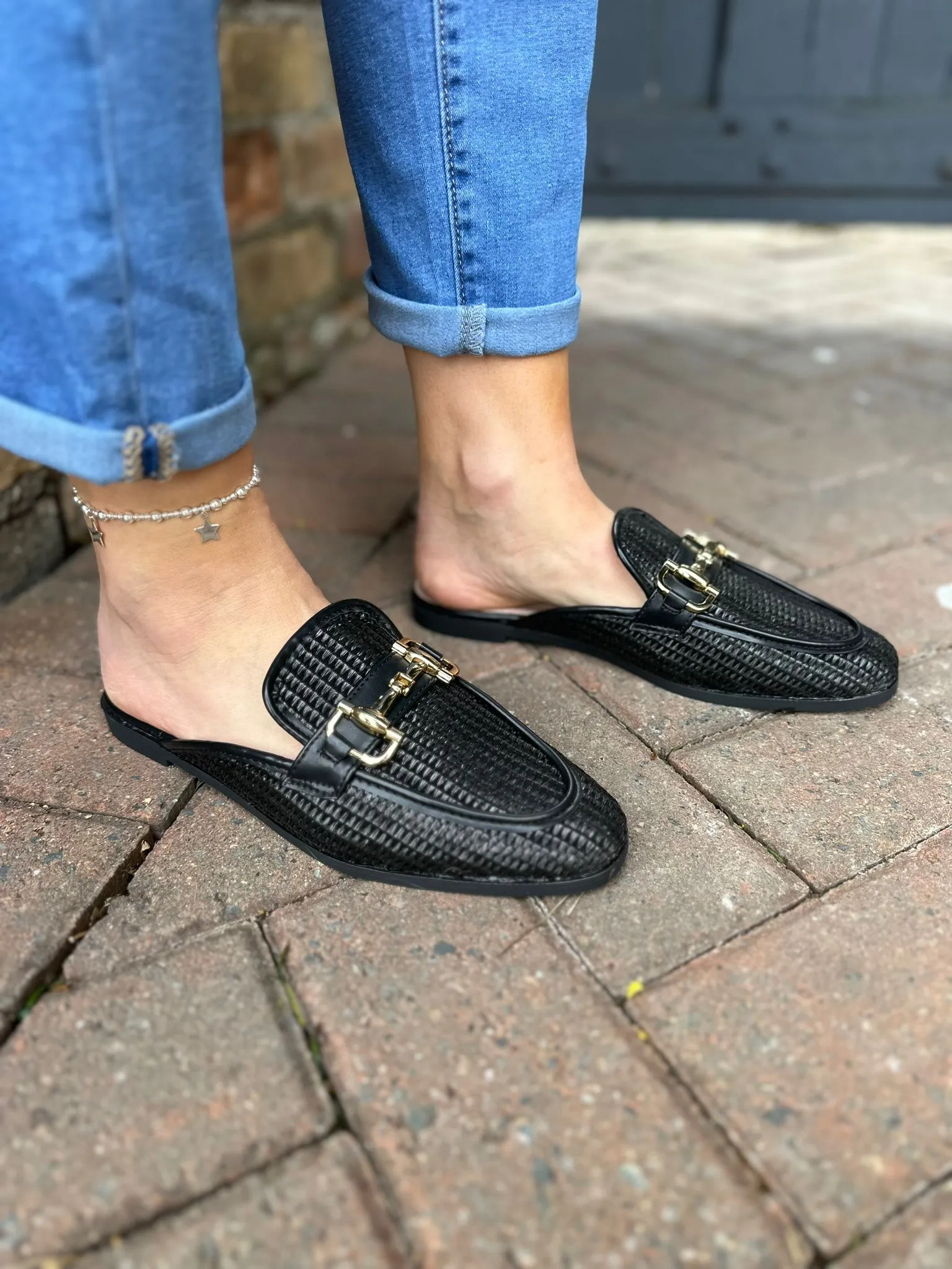 Black Weave Buckle Slip Ons