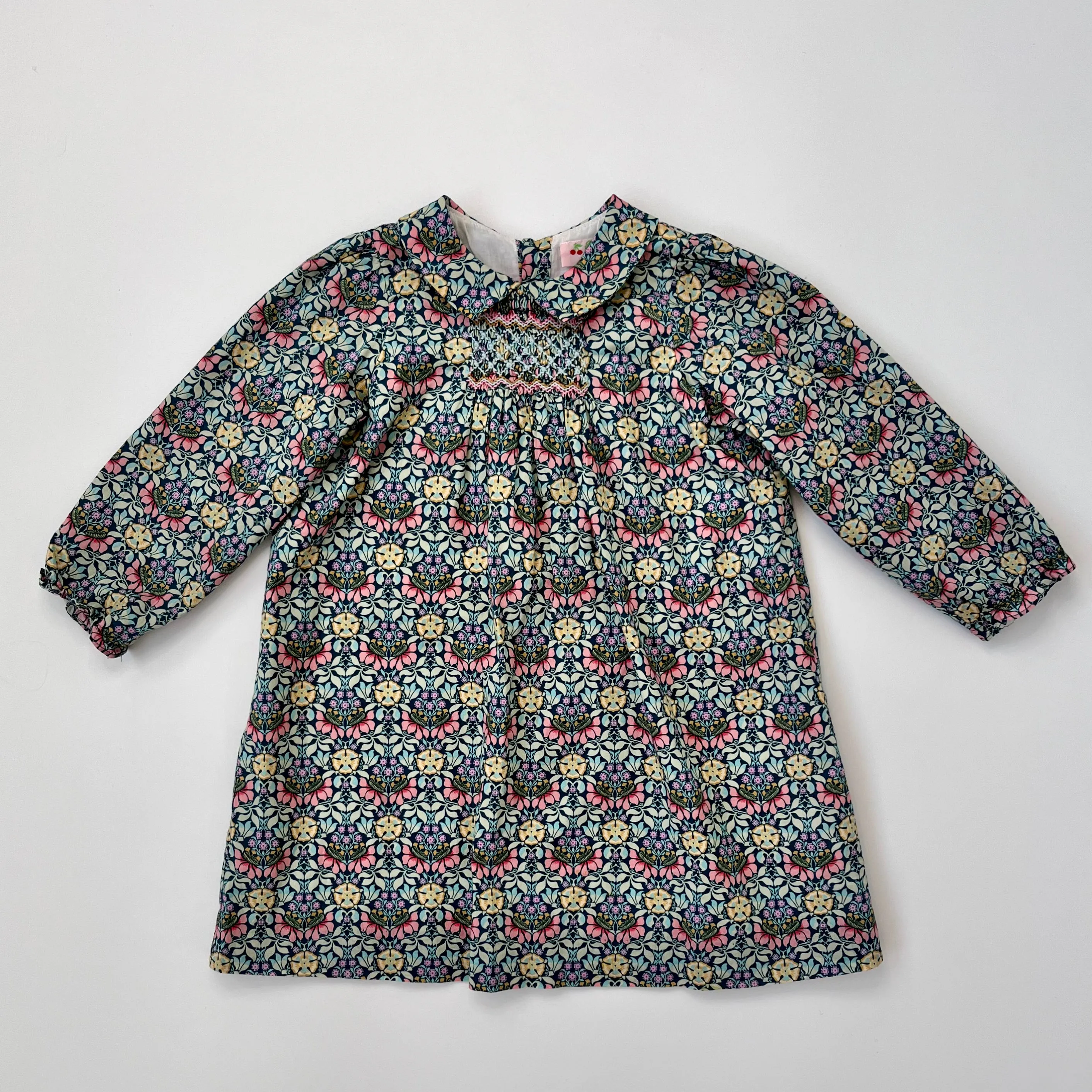 Bonpoint Teal Smocked Liberty Print Dress With Collar: 3 Years