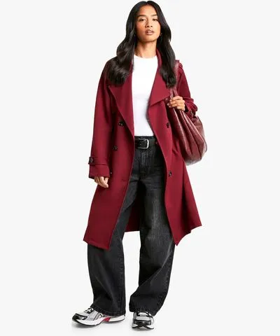 boohoo Womens Petite Button Detail Belted Trench Coat