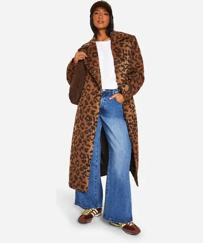 boohoo Womens Petite Leopard Print Oversized Wool Look Coat