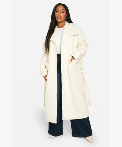 boohoo Womens Plus Brushed Shawl Collar Belted Coat