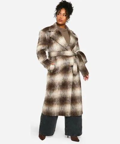 boohoo Womens Plus Flannel Oversized Wool Look Coat