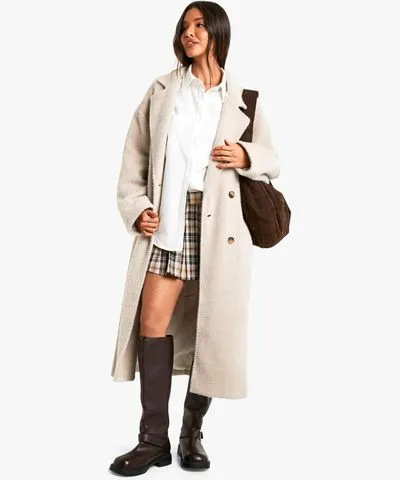 boohoo Womens Textured Double Breasted Longline Coat