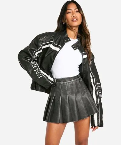 boohoo Womens Vintage Look Faux Leather Pleated Mini Skirt