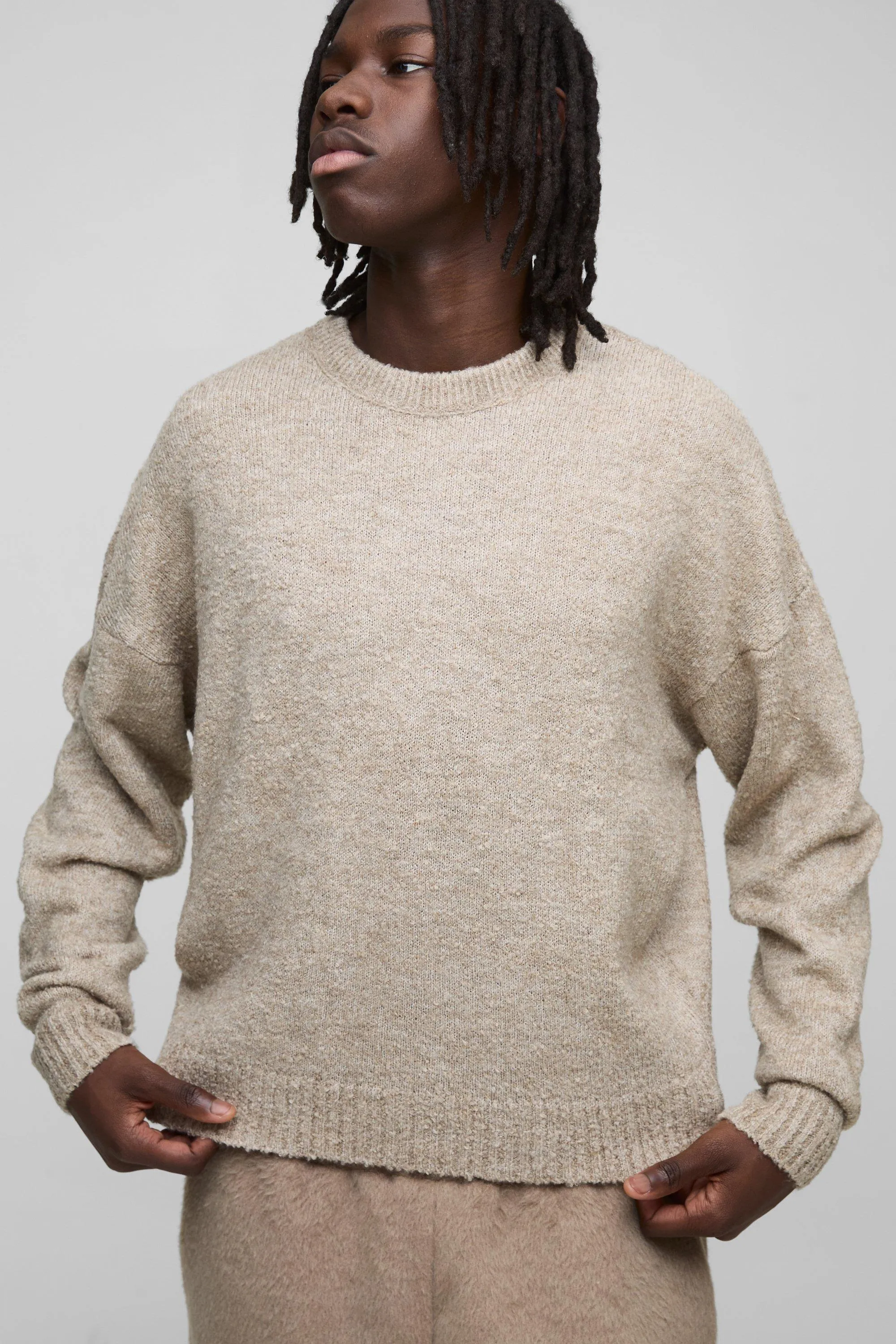 Boxy Boucle Knit Extended Neck Sweater