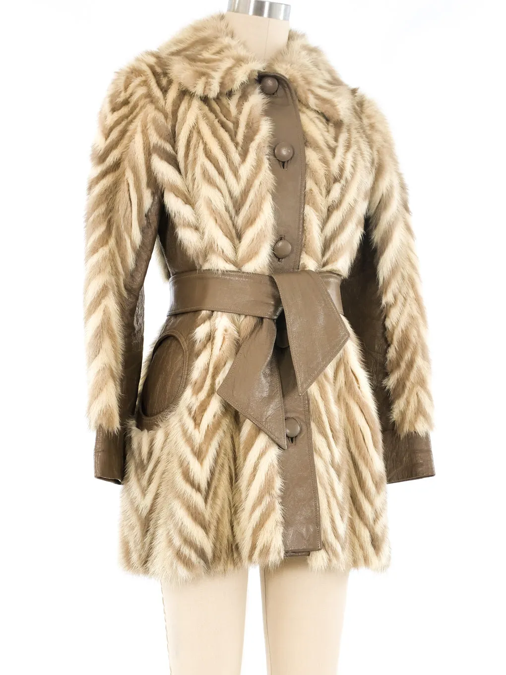 Chevron Printed Fur and Leather Coat