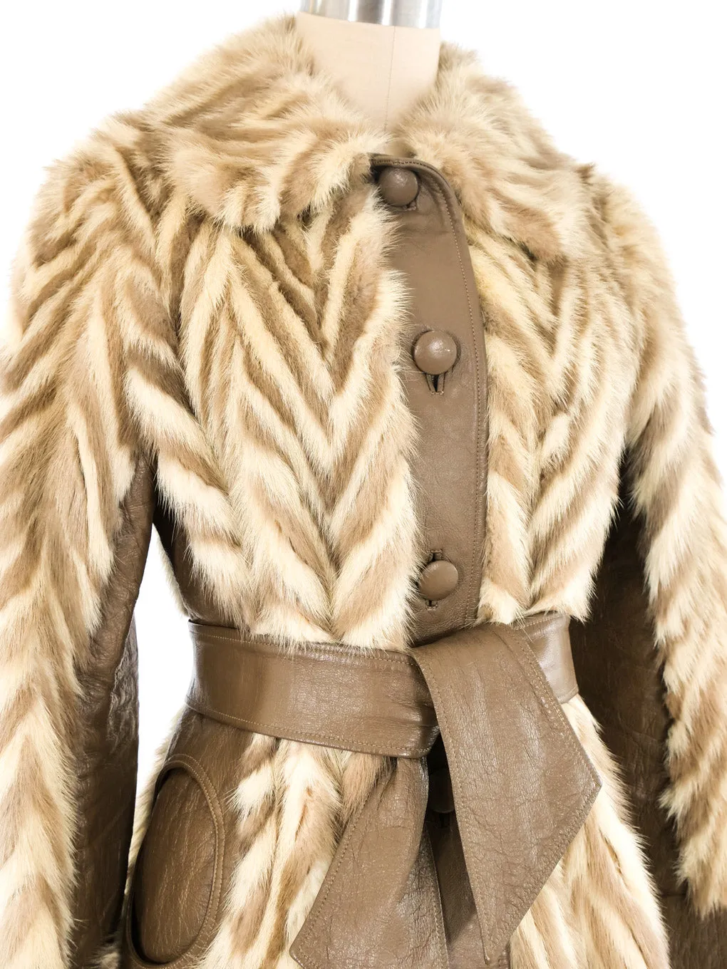 Chevron Printed Fur and Leather Coat