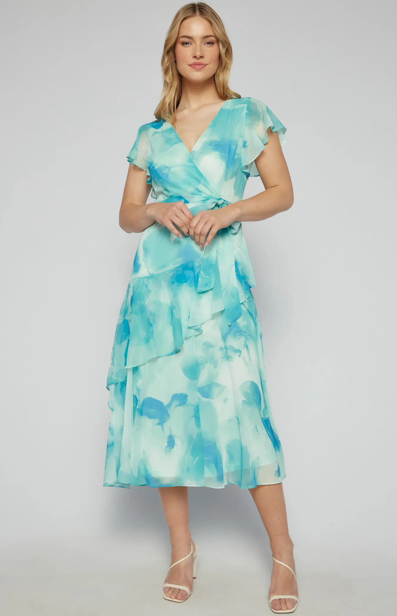 Chiffon Floral Print Midi Dress with Ruffle Details (SDR1619B)