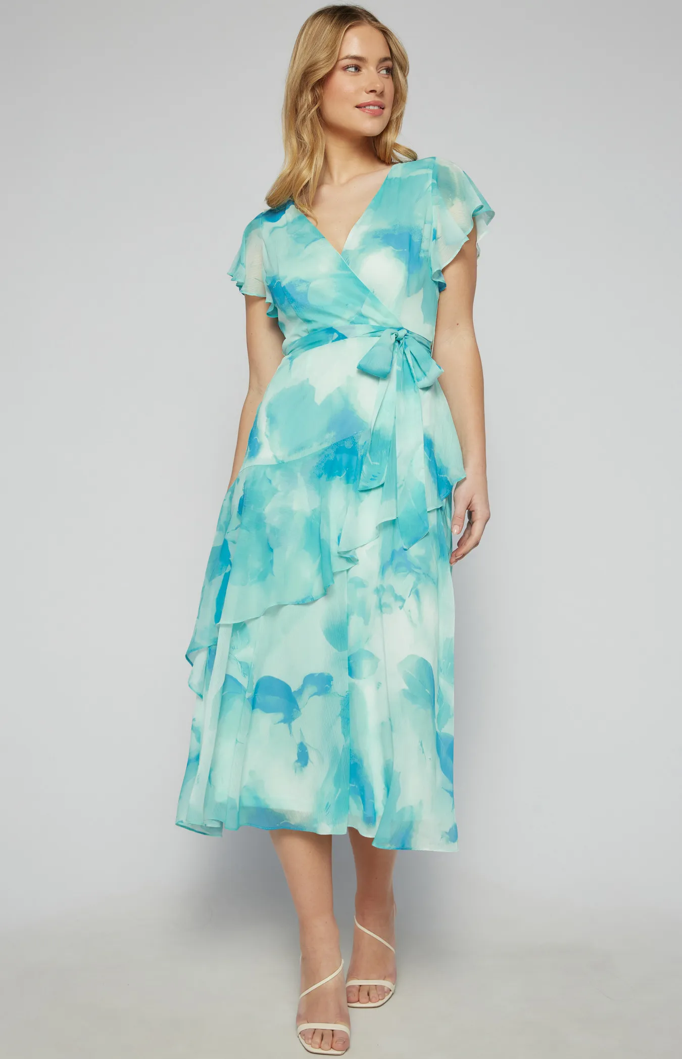 Chiffon Floral Print Midi Dress with Ruffle Details (SDR1619B)