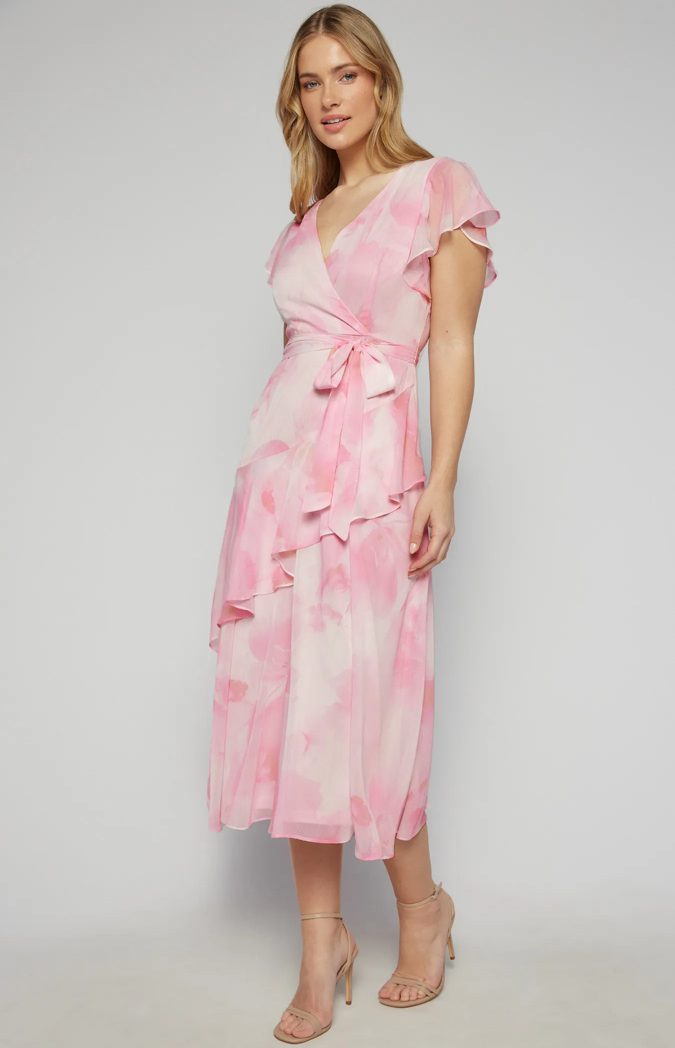 Chiffon Floral Print Midi Dress with Ruffle Details (SDR1619B)