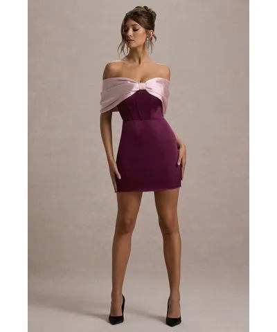 Club L London - USA Linley | Burgundy & Pink Satin Bow Bardot Mini Dress