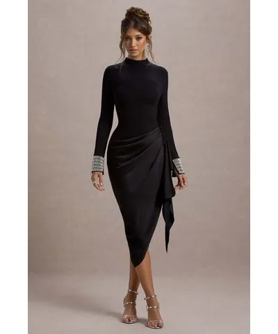 Club L London - USA Luanna | Black Satin Long-Sleeve Midi Dress With Draped Skirt