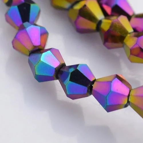 Crystal Glass Beads, Bicone, Top Drilled, Faceted, Electroplated, Indigo, Rainbow, 4mm