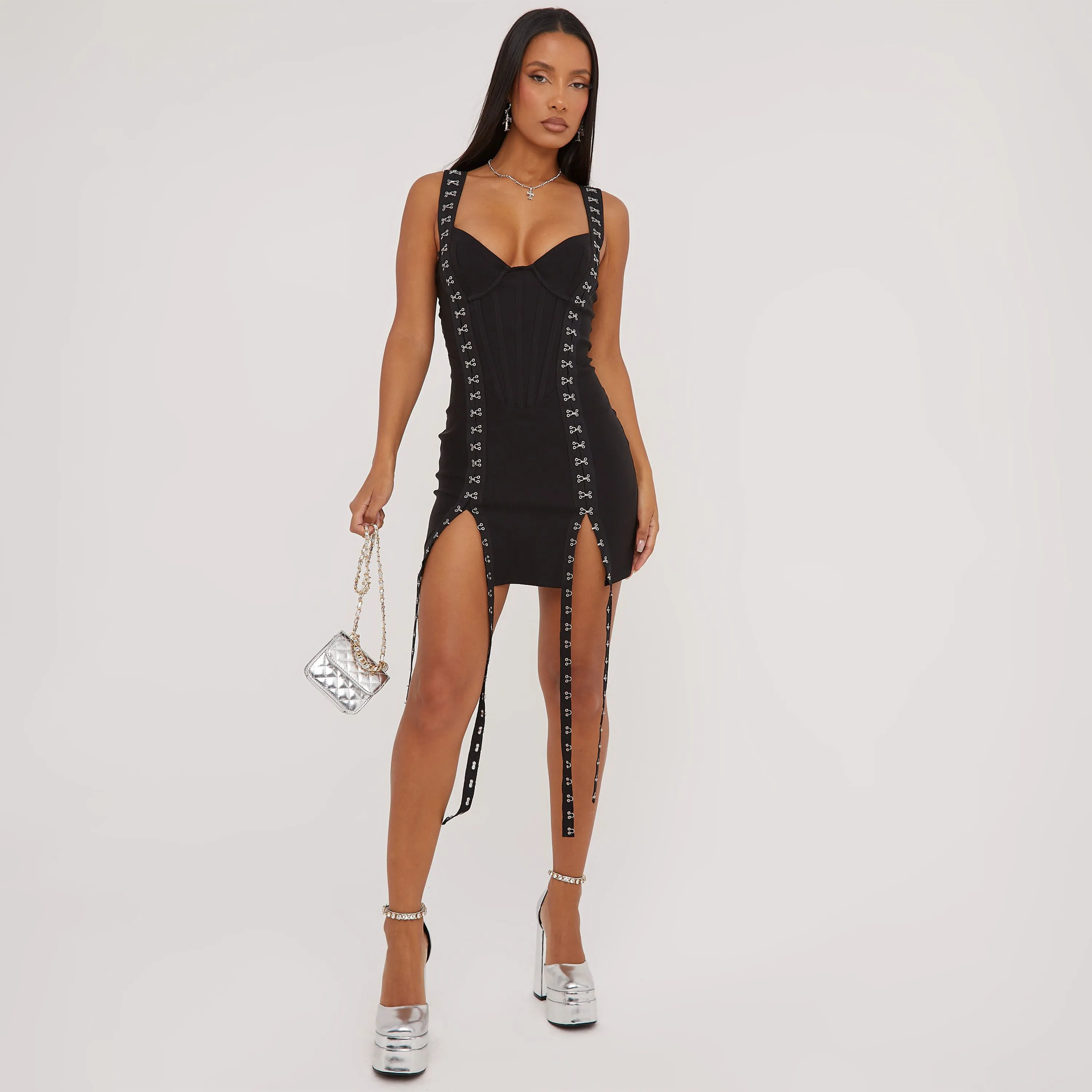 Cupped Hook And Eye Suspender Detail Split Leg Mini Bodycon Dress In Black