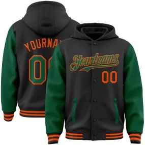 Custom Black Kelly Green-Orange Bomber Full-Snap Varsity Letterman Two Tone Hoodie Jacket