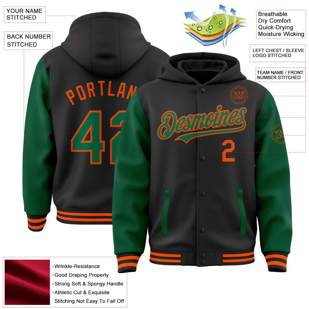 Custom Black Kelly Green-Orange Bomber Full-Snap Varsity Letterman Two Tone Hoodie Jacket