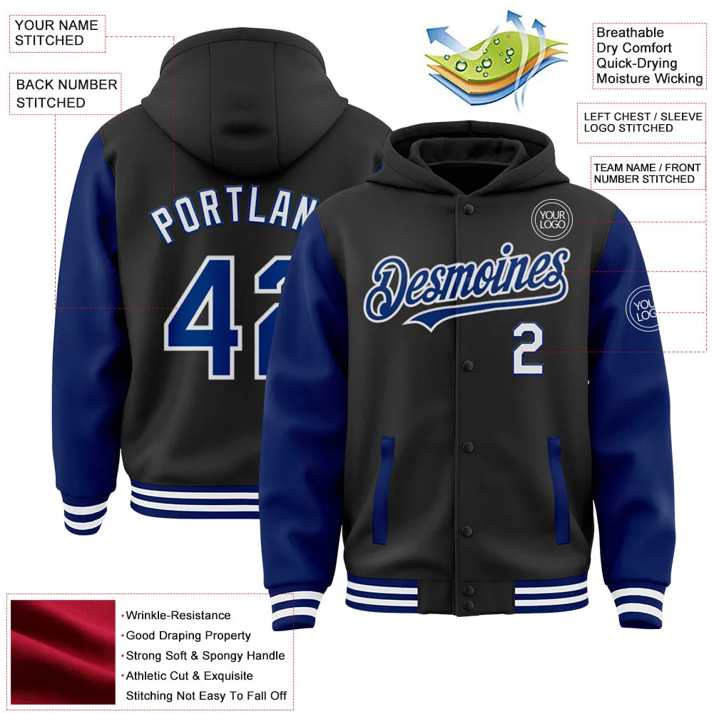 Custom Black Royal-White Bomber Full-Snap Varsity Letterman Two Tone Hoodie Jacket