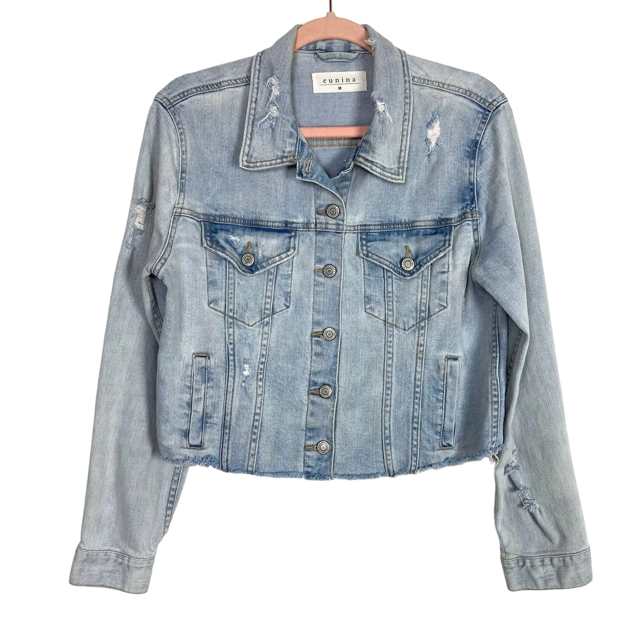 Eunina Light Wash Distressed Raw Hem Jean Jacket- Size M (see notes)