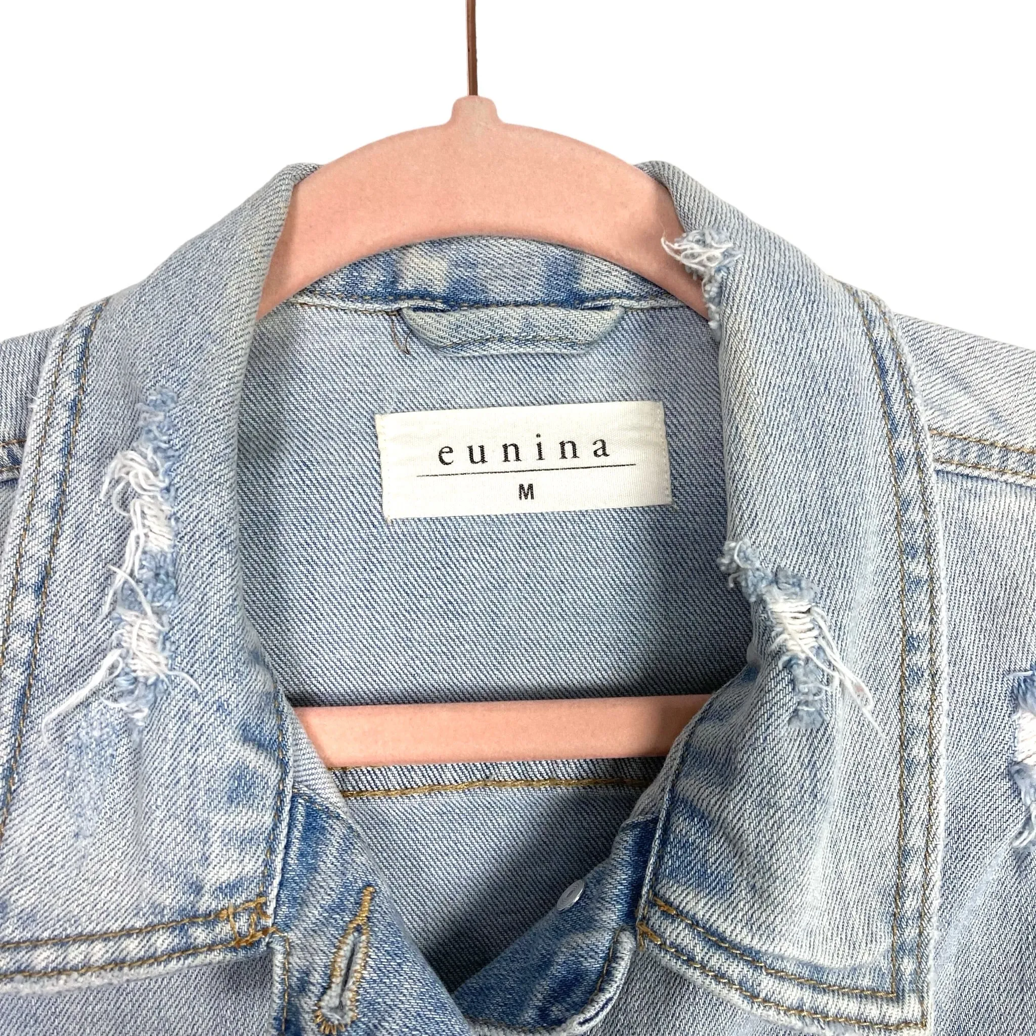 Eunina Light Wash Distressed Raw Hem Jean Jacket- Size M (see notes)