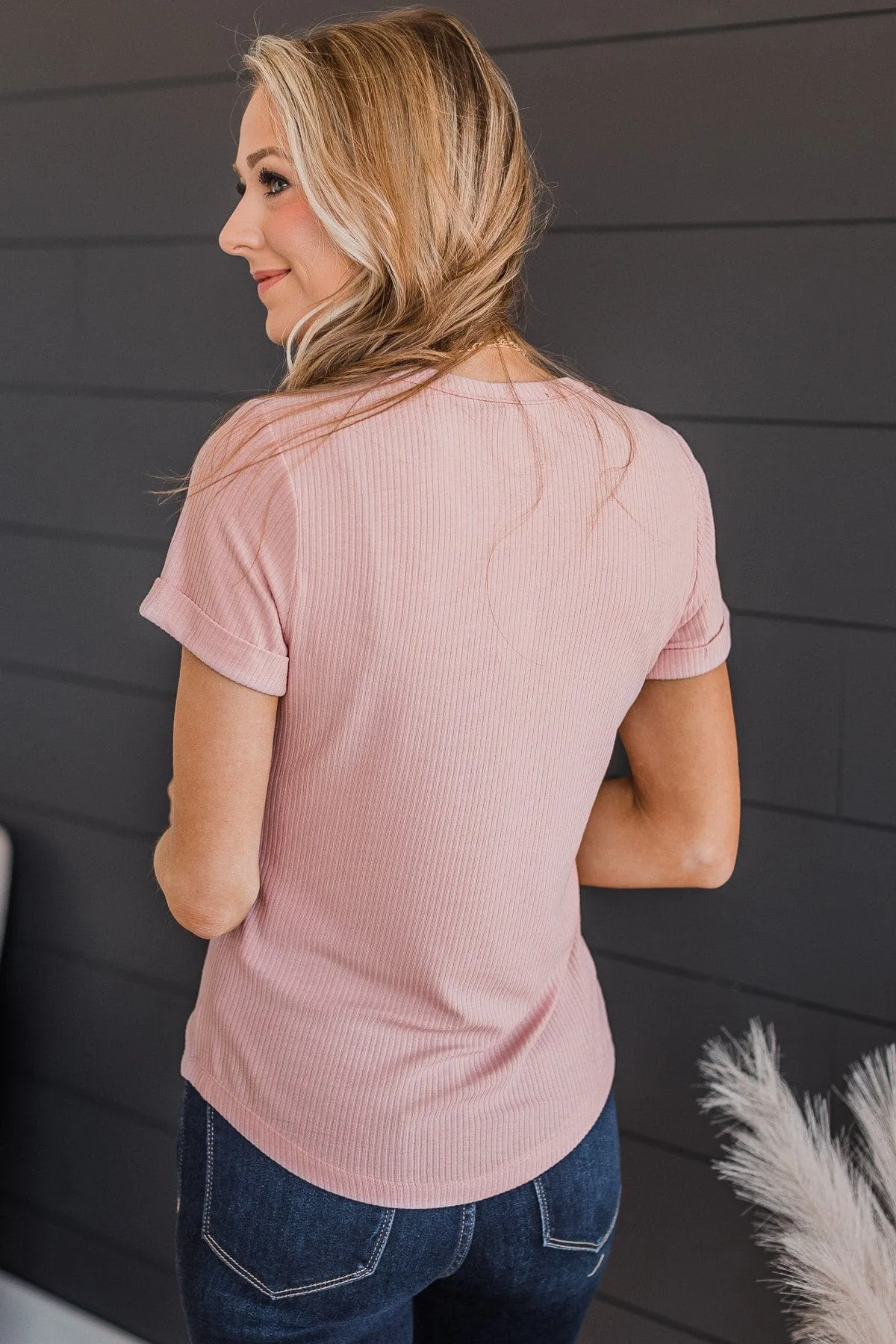 Every Effort Ribbed Knit Button Top- Soft Pink