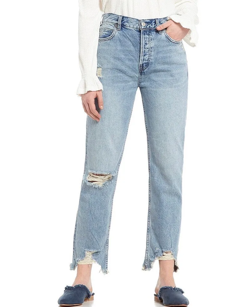 Free People - Chewed Up Mid Rise Straight Leg Denim Jean - Indigo Blue