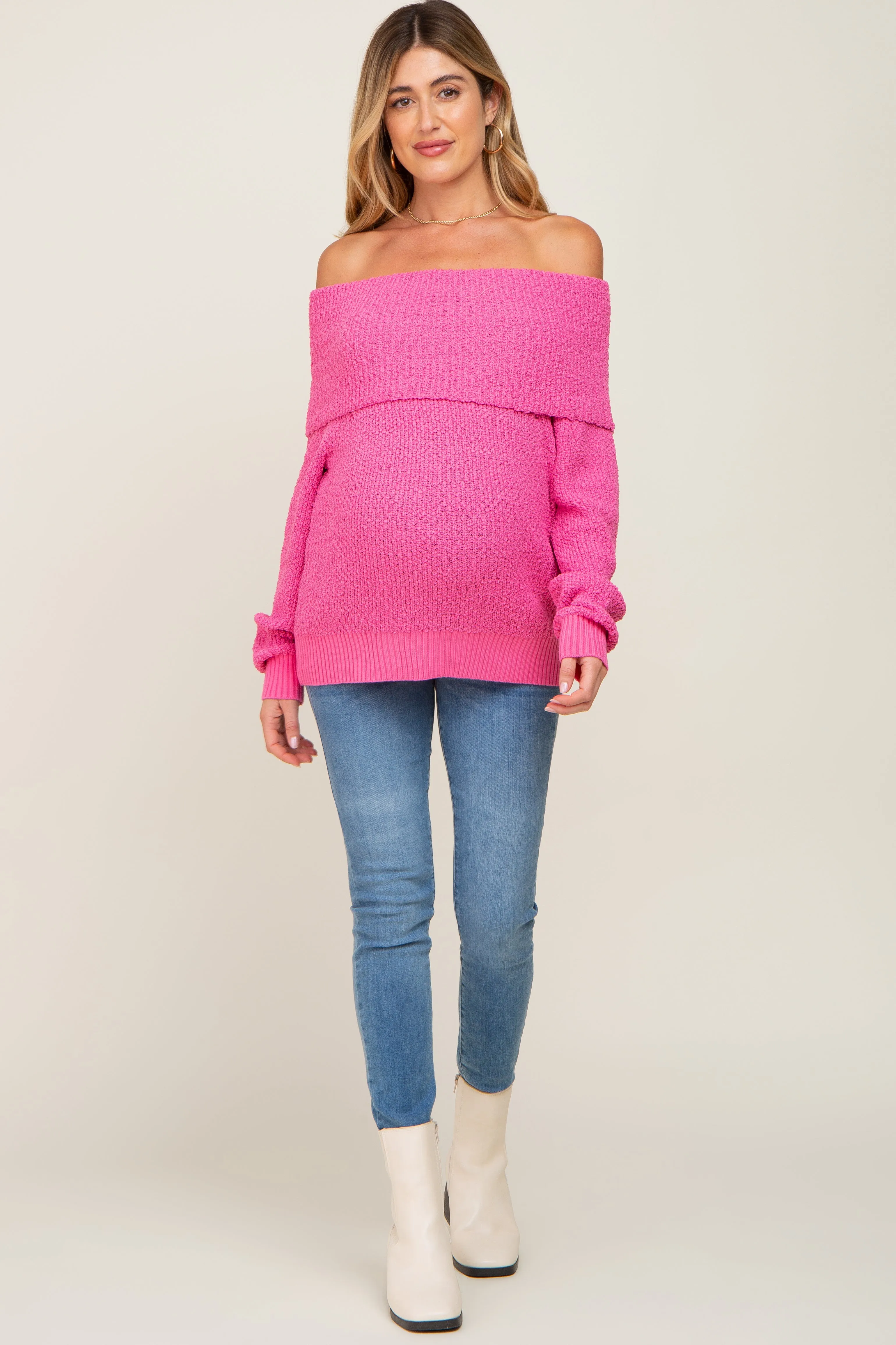 Fuchsia Foldover Off Shoulder Maternity Sweater