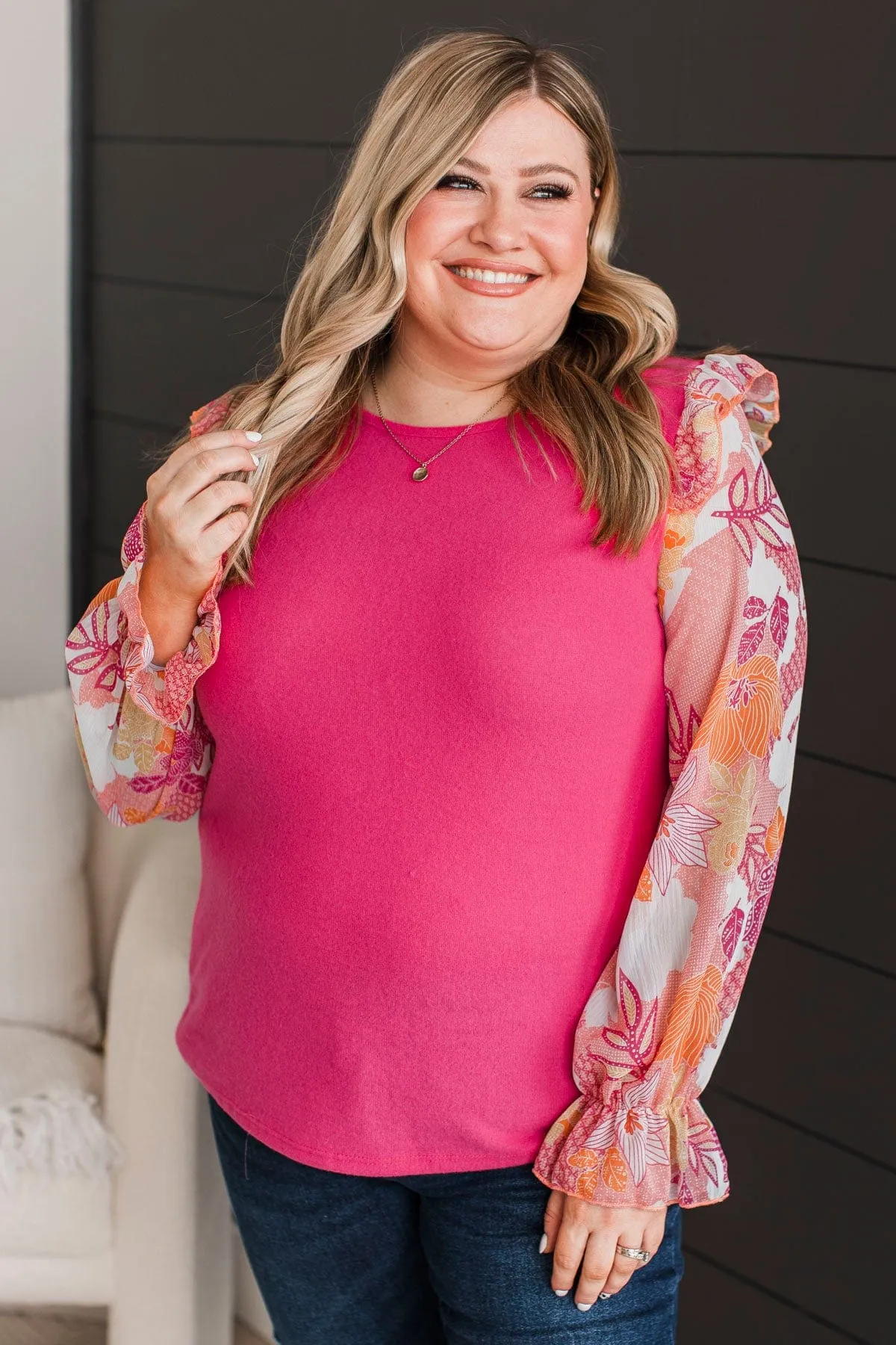 Full Of Floral Knit Top- Hot Pink