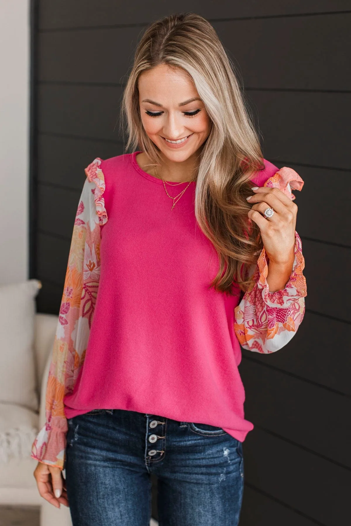 Full Of Floral Knit Top- Hot Pink