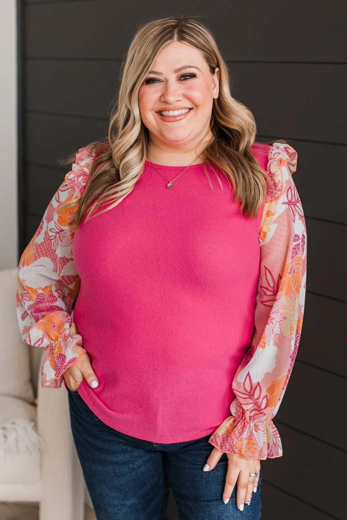 Full Of Floral Knit Top- Hot Pink