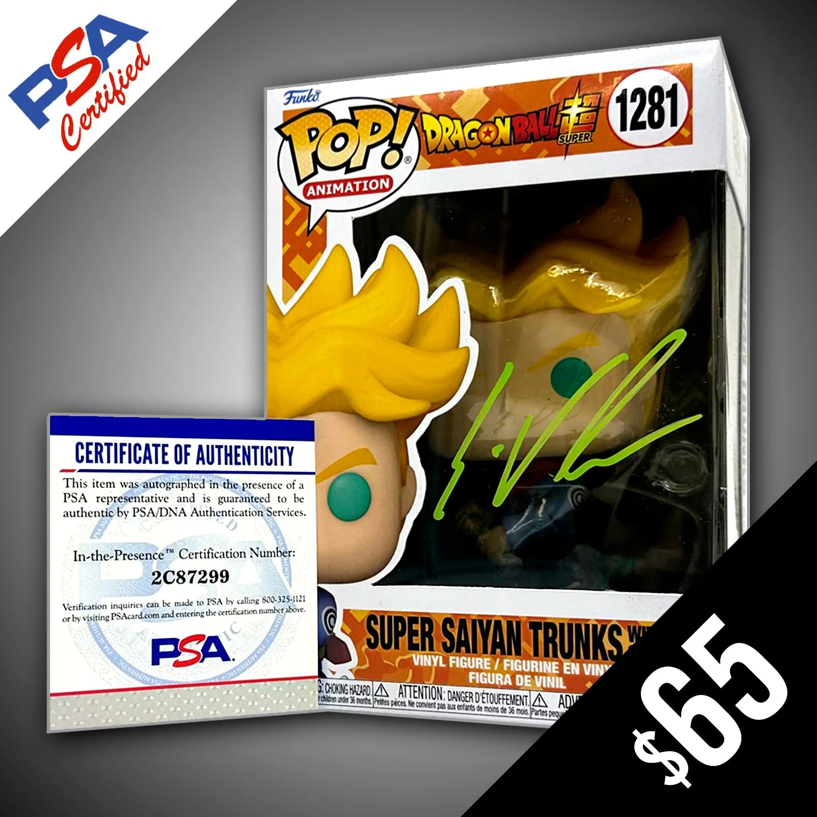 Funko Pop! Dragon Ball Super: Super Saiyan Trunks #1281 - SIGNED by Eric Vale (PSA Certified)