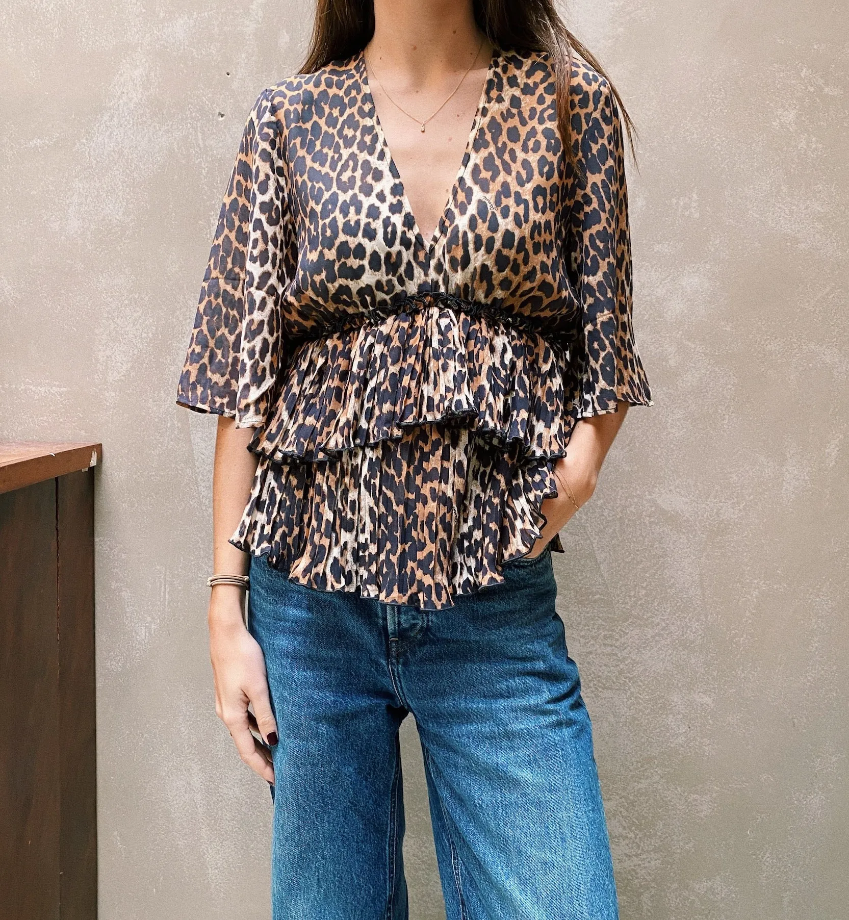 GANNI Leopard Pleated Georgette Blouse