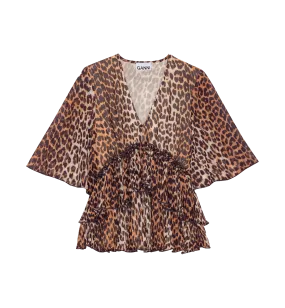 GANNI Leopard Pleated Georgette Blouse