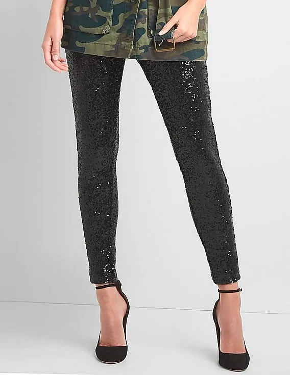 GAP Women Black Sequin Leggings