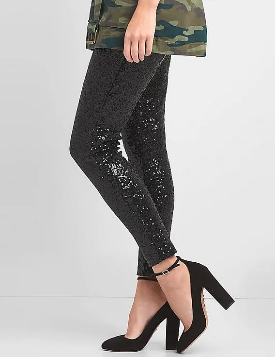 GAP Women Black Sequin Leggings