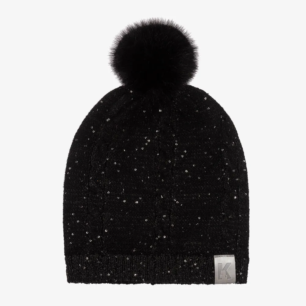 Girls Black Sequin Pom-Pom Hat