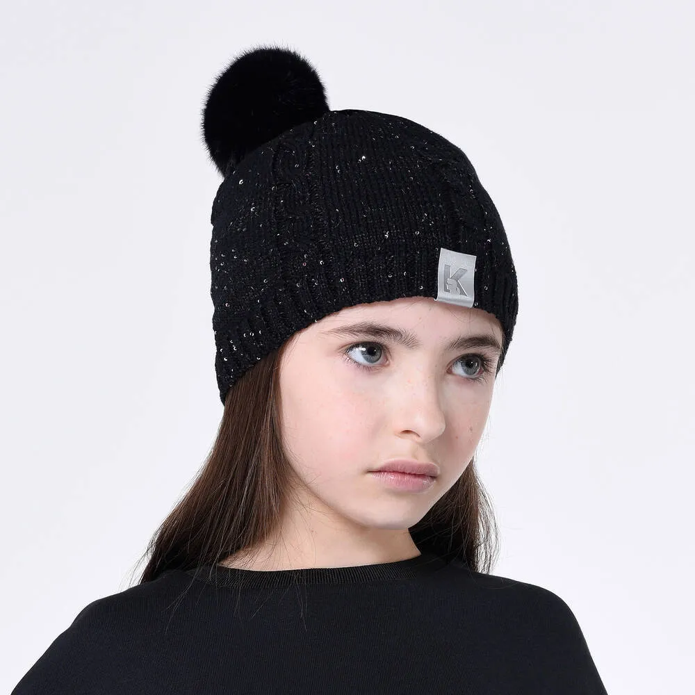 Girls Black Sequin Pom-Pom Hat