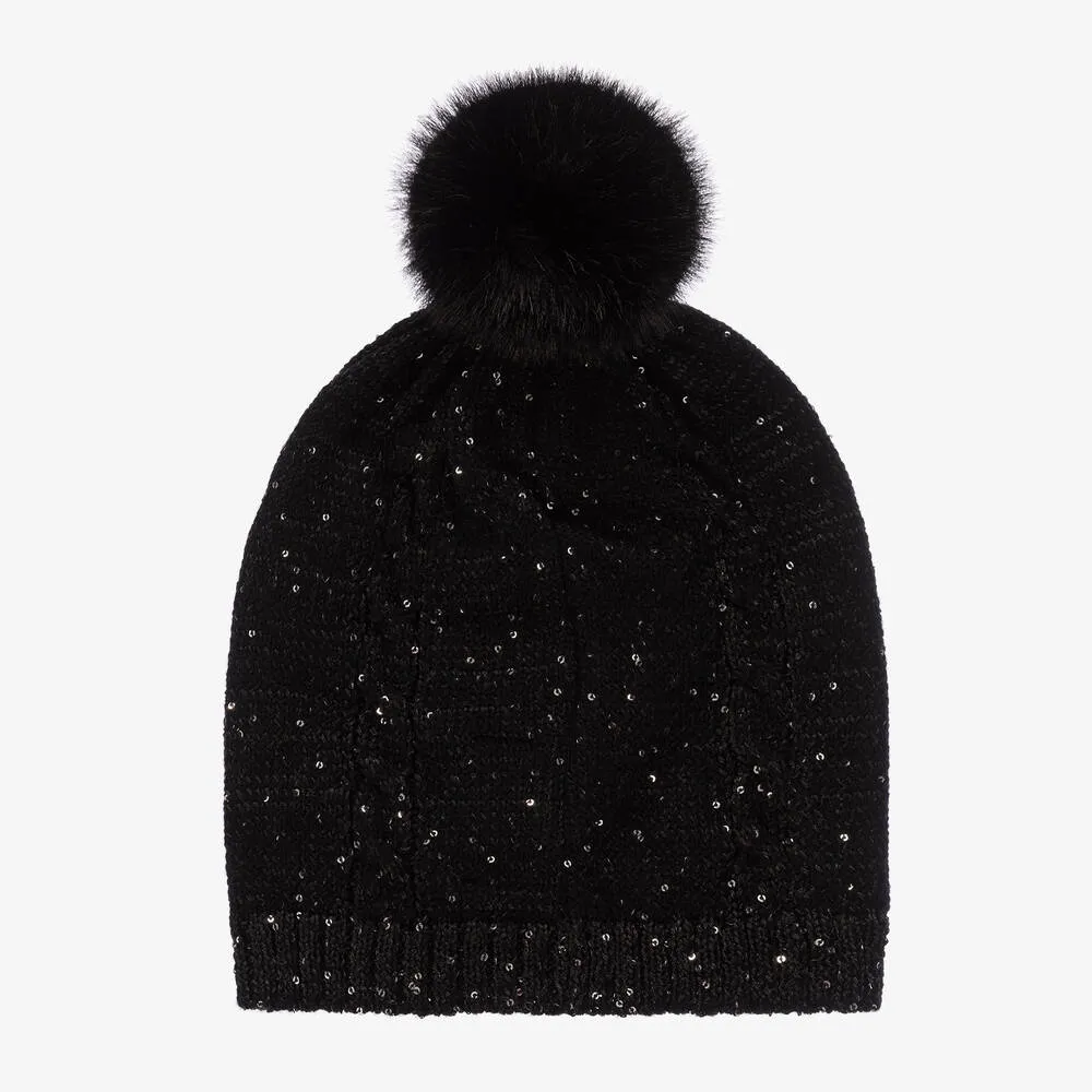 Girls Black Sequin Pom-Pom Hat