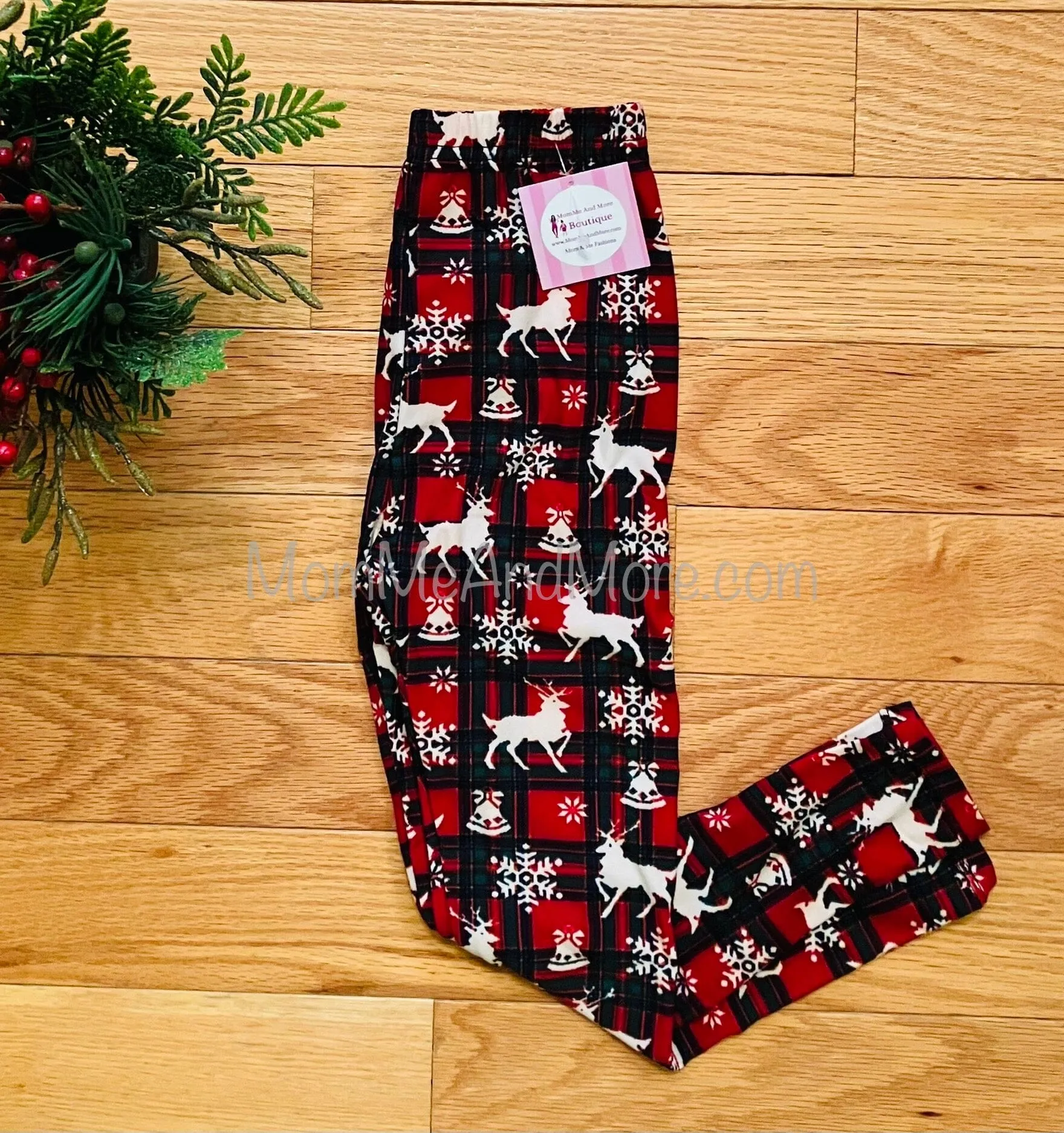 Girls Christmas Snowflake Leggings, Kids Yoga Pants, Sizes S/L, No-Roll Waist, Red/White